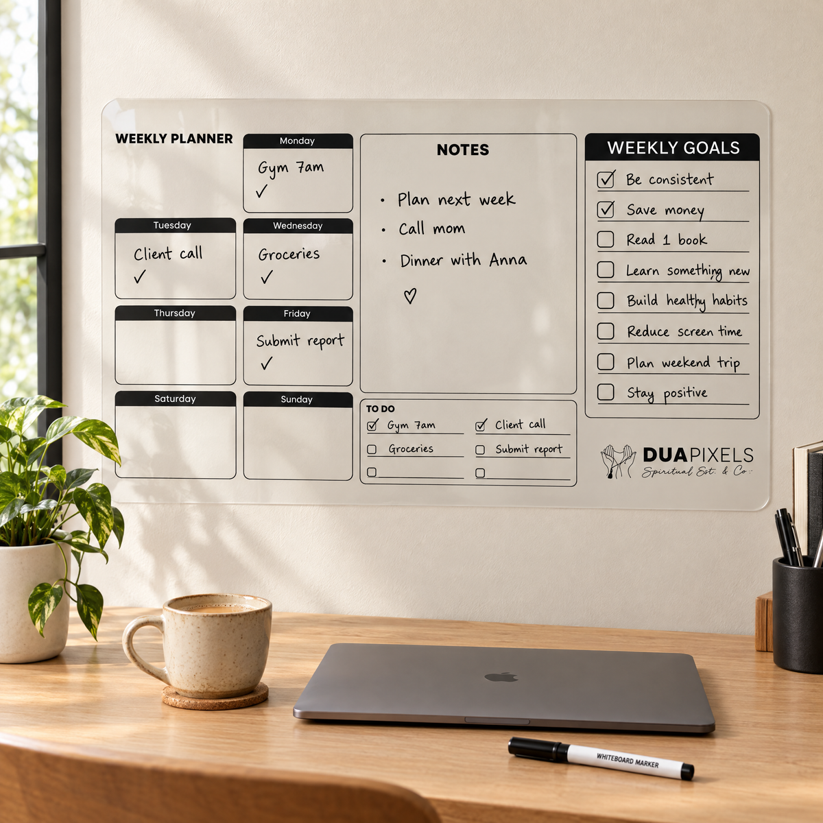 DuaPixels reusable weekly planner wall sticker on a home office wall above a desk